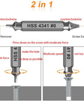 Diagram showing 2-in-1 HSS 4341# screw extractor with instructions for removing damaged screws, part of the Six Piece Screw Extractor Set For Drills To Remove Damaged Stripped Screws Bolts And Rusty Fasteners From 3 To 12 Millimeter With Reverse Action And Durable Alloy Bits For Easy Removal A Practical Gift For Men Husbands Dads Valentines Day