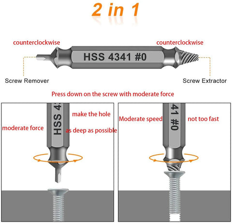Diagram showing 2-in-1 HSS 4341# screw extractor with instructions for removing damaged screws, part of the Six Piece Screw Extractor Set For Drills To Remove Damaged Stripped Screws Bolts And Rusty Fasteners From 3 To 12 Millimeter With Reverse Action And Durable Alloy Bits For Easy Removal A Practical Gift For Men Husbands Dads Valentines Day