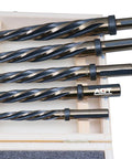 ACT HSS spiral-flute car reamer set of five with cylindrical shanks in a wooden case; sizes 3/8–3/4