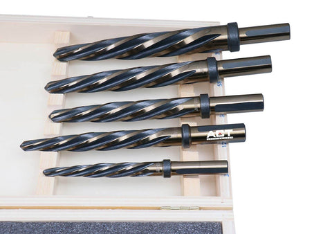 ACT HSS spiral-flute car reamer set of five with cylindrical shanks in a wooden case; sizes 3/8–3/4