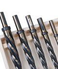 Pro Grade HSS Car Reamer Set With Spiral Flute, 5 Piece, Gold Oxide Finish, displayed in wooden case, straight shank.