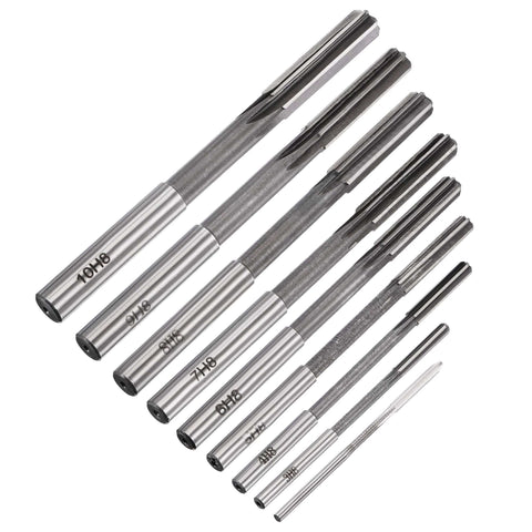 Chucking Reamer Set for Lathe Machine 2mm 3mm 4mm 5mm 6mm 7mm 8mm 9mm 10mm High Speed Steel HSS Straight Flute Reamers with H8 Tolerance 9 Piece Set for Precision Milling and Drilling displayed in an ascending order layout.