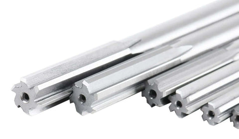 Close-up of HSS chucking reamers from the HSS Chucking Reamer Set 1 To 13 Mm By Half Millimeter In A Fitted Case 25 Piece Straight Shank Straight Flute Right Hand Cut