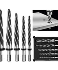 Five Piece Chucking Reamer Set In High Speed Steel For Metal Wood And Plastic With Spiral Flute Delivers Smooth Precise Hole Enlargement Without Chatter Or Burrs Ideal For Bridge Work And Diy Projects Enlarge Holes From Three Eighths To One Inch shown with reamers in case