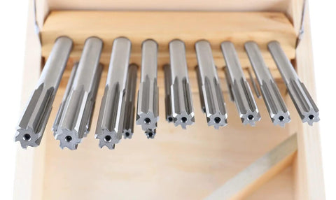HSS Chucking Reamer Set 1 To 13 Mm By Half Millimeter In A Fitted Case 25 Piece Straight Shank Straight Flute Right Hand Cut Includes Wooden Case Model 5500 SB00 Accusize Industrial Tools displayed in wooden holder