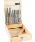 HSS Chucking Reamer Set 1 To 13 Mm By Half Millimeter In A Fitted Case 25 Piece Straight Shank Straight Flute Right Hand Cut Includes Wooden Case Model 5500 SB00 Accusize Industrial Tools displayed in an open wooden case.