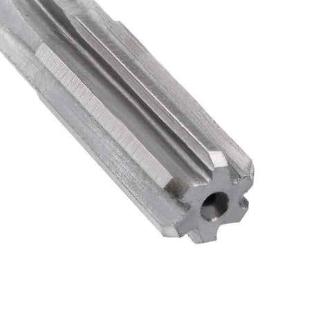 Close-up of a Three Eighths Inch HSS Chucking Reamer With Six Straight Flutes And Round Shank Milling Cutting Tool for precision reaming.