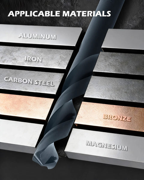 Close-up of HSS drill bit on metal blocks labeled aluminum, iron, carbon steel, bronze, and magnesium from SAE Thread Repair Kit For Auto Repair 172 Piece Set With HSS Drill Bits Taps 150 Wire Thread Inserts And 10 Installation Tools For Restoring Stripped Threads In One Quarter Inch Five Sixteenths Inch Three Eighths Inch Seven Sixteenths Inch And One Half.