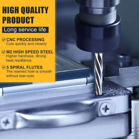 Close-up of a drill press using 5 Piece HSS Reamer Drill Bit Set for Metal and Wood Align and Enlarge Holes with Burr Free Clean Finish in Steel Alloy Aluminum and Sheet Metal Pro Grade Shop Ready for Industrial and Home Projects.