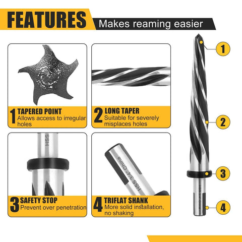 Features of 5 Piece HSS Reamer Drill Bit Set for Metal and Wood Align and Enlarge Holes with Burr Free Clean Finish in Steel Alloy