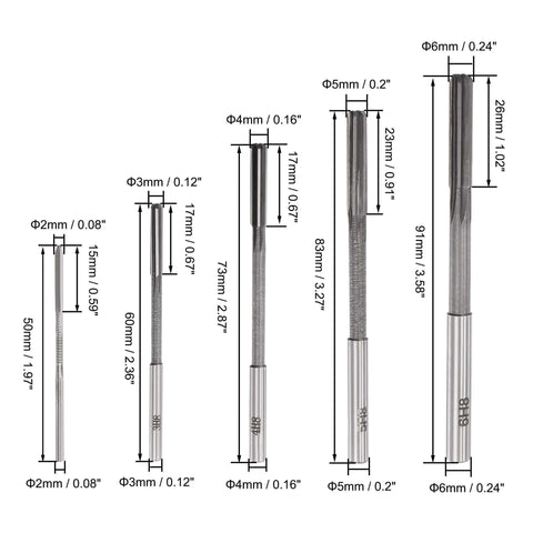 Chucking Reamer Set for Lathe Machine 2mm to 6mm High Speed Steel HSS Straight Flute Reamers with H8 Tolerance, 5-piece dimensions