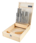 HSS Chucking Reamer Set 1 To 13 Mm By Half Millimeter In A Fitted Case 25 Piece Straight Shank Straight Flute Right Hand Cut Includes Wooden Case Model 5500 SB00 Accusize Industrial Tools. Open wooden case showing reamers.