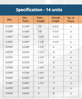 Specifications chart for 14-Piece HSS Chucking Reamer Set with sizes from 0.1240 to 0.5010 inches, detailing lengths and flutes.