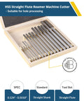 14-Piece HSS Chucking Reamer Set For Hole Precision In Lathes, Drill Presses, Milling Machines, And Screw Machines And Machining Centers Burr-Free Holes Straight Shank Right Hand Cut Sizes From 0.1240 To 0.5010 Inches in wooden case