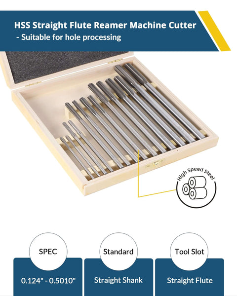 14-Piece HSS Chucking Reamer Set For Hole Precision In Lathes, Drill Presses, Milling Machines, And Screw Machines And Machining Centers Burr-Free Holes Straight Shank Right Hand Cut Sizes From 0.1240 To 0.5010 Inches in wooden case
