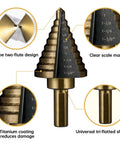 Close-up of Step Drill Bit Set HSS Titanium Coated with clear scale marks showing 50 sizes with universal tri-flatted shank