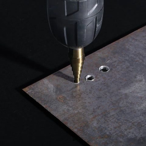 Drill using Step Drill Bit Set HSS Titanium Coated with Aluminum Case 50 Sizes in 5 Pieces for Metal Drilling on metal sheet