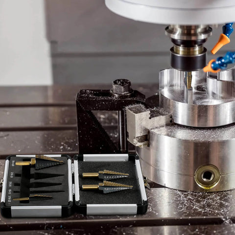 Step Drill Bit Set HSS Titanium Coated With Aluminum Case 50 Sizes In 5 Pieces for Metal Drilling next to CNC machine