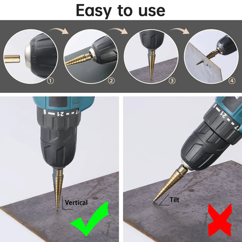 Diagram showing easy use of Step Drill Bit Set HSS Titanium Coated With Aluminum Case 50 Sizes In 5 Pieces For Metal Drilling.