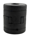 Flexible Five Eighths To Five Eighths L075 L Jaw Coupling Set with Rubber Spider, HT250 Cast Iron, blackened, front view