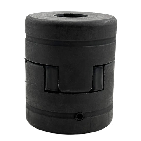 Flexible Five Eighths To Five Eighths L075 L Jaw Coupling Set with Rubber Spider, HT250 Cast Iron, blackened, front view