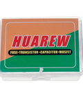 HUAREW kit box with fuse, transistor, capacitor, MOSFET labels in a clear case shown in packaging