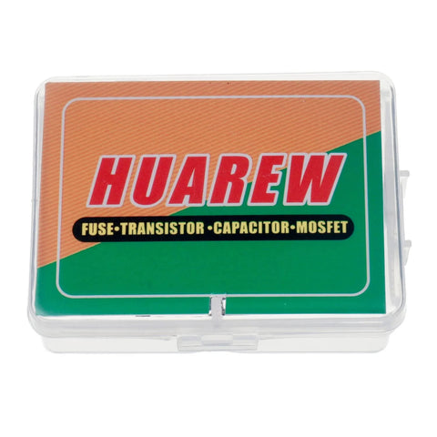 HUAREW kit box with fuse, transistor, capacitor, MOSFET labels in a clear case shown in packaging