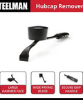 Heavy duty hubcap remover tool for auto mechanics, featuring durable steel build, large rubber hammer face, wide pry blade, secure grip