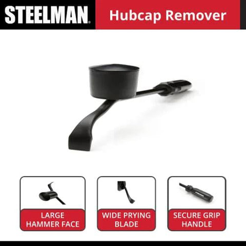 Heavy duty hubcap remover tool for auto mechanics, featuring durable steel build, large rubber hammer face, wide pry blade, secure grip