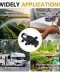 Four applications of HUILING DC 12V Diaphragm Pump: agriculture, home water system, RV camping, and garden irrigation shown.