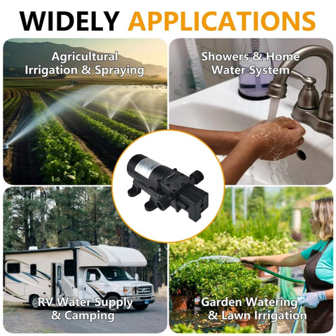 Four applications of HUILING DC 12V Diaphragm Pump: agriculture, home water system, RV camping, and garden irrigation shown.