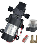 HUILING DC 12V Diaphragm Pump, Self-Priming Pump with Filter Quick Connection Terminal, 1.2 GPM 100 PSI Pressure Switch Adjustable Spray Pump, Suitable for RV Camping Shower Garden with connectors and filter shown.