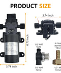 HUILING DC 12V Diaphragm Pump with self-priming pump, filter, quick connection terminal, and fittings shown from different angles.