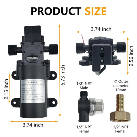 HUILING DC 12V Diaphragm Pump with self-priming pump, filter, quick connection terminal, and fittings shown from different angles.