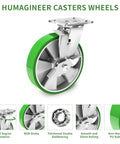 8 inch Heavy Duty industrial grade caster set of 4 with swivel casters and brakes, maintenance-free aluminum core PU wheels rated 6000 LBS for industrial equipment close-up view.