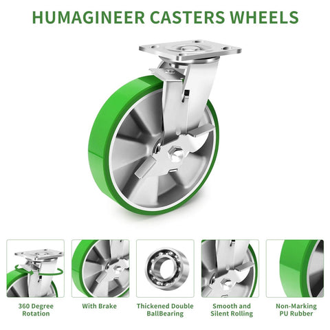 8 inch Heavy Duty industrial grade caster set of 4 with swivel casters and brakes, maintenance-free aluminum core PU wheels rated 6000 LBS for industrial equipment close-up view.