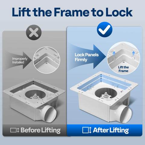 Smart Humidity Sensor Bathroom Exhaust Fan With Energy Saving EC Motor installation diagram showing frame lifting process.