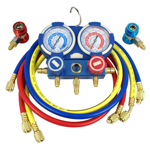 R134a AC manifold gauge set with red, blue, yellow hoses for 3.5 CFM Single Stage Rotary Vane Vacuum Pump for HVAC Auto AC Refrigerant Recharging