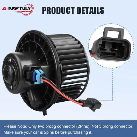 Front HVAC Blower Motor Replacement For Chevy Tahoe Silverado 1500 2500 Avalanche Suburban GMC Yukon Sierra Cadillac Escalade Easy Install Fits AC Heater Fan 700164 22741027, showing two-pin connector
