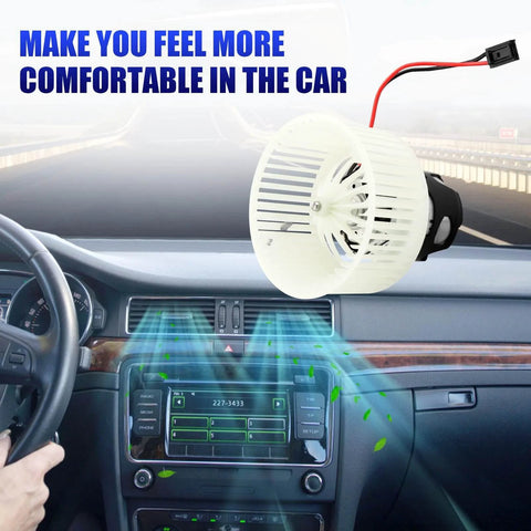HVAC Heater Blower Motor With Fan For BMW 5 Series 528i 535i 550i 640i 650i 740i 750i 740Li 750Li 2011 2016 Replacement AC Fan Replaces 700294 Direct Fit Replacement Plug And Play Easy Install OEM Quality Climate Control Component showing in-car installation on dashboard.
