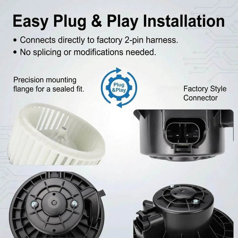 Visual showing HVAC Blower Motor Fan Assembly Drop In Replacement For Chevy Silverado Truck Tahoe Suburban GMC Sierra Yukon Cadillac Escalade 2007 To 2014 Front Heater Fan Replaces 15 81683 700164 with factory style connector and precision mounting flange.