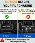 Comparison of 2-pin and 3-pin HVAC connectors for Toyota Corolla and RAV4 manual and automatic A/C systems