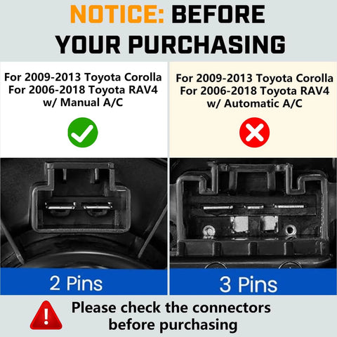 Comparison of 2-pin and 3-pin HVAC connectors for Toyota Corolla and RAV4 manual and automatic A/C systems