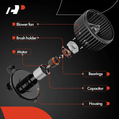 Exploded view of HVAC Heater Blower Motor With Fan Cage for 2007 Through 2014 Chevrolet Silverado Tahoe Suburban Avalanche GMC Sierra Yukon Cadillac Escalade Hummer Vehicles, Rock Solid OEM Style Replacement, Easy Install, highlighting parts