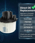 HVAC Blower Motor Fan Assembly Drop In Replacement For Chevy Silverado Truck Tahoe Suburban GMC Sierra Yukon Cadillac Escalade 2007 To 2014 Front Heater Fan Replaces 15 81683 700164 with part numbers displayed