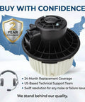 HVAC Blower Motor Fan Assembly Drop In Replacement For Chevy Silverado Truck Tahoe Suburban GMC Sierra Yukon Cadillac Escalade 2007 To 2014 Front Heater Fan Replaces 15 81683 700164 product image with warranty badge and support icons.