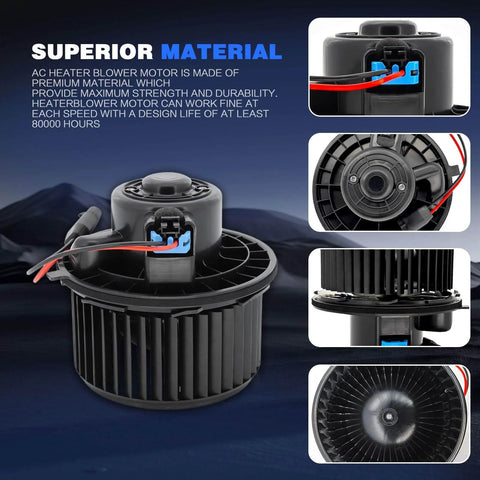 HVAC Blower Motor With Fan Cage Direct Fit Replacement For Chevy Silverado Tahoe Suburban Avalanche GMC Sierra Yukon Cadillac Escalade 1999 2000 2001 2002 2003 2004 2005 2006 2014 700089 showing multiple angles and details, focus on premium material and wiring.