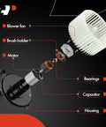 Exploded view of HVAC Heater Blower Motor With Fan Cage For Ford And Lincoln Vehicles Fits F-150 2009-2014, Expedition 2009-2017, Navigator 2009-2017 Plug And Play Direct Fit Replacement A-Premium showing components such as blower fan, motor, bearings, and housing.