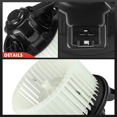 HVAC Heater Blower Motor With Fan Cage For Ford And Lincoln Vehicles, close-up of fan, connector, and motor details.