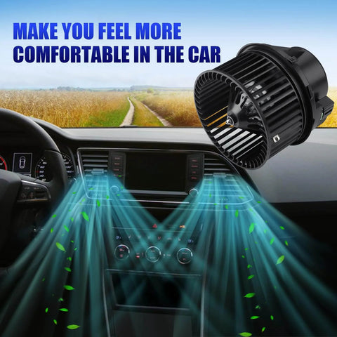 Premium HVAC Blower Motor With Fan for Ford Focus Escape C Max Transit Connect and Lincoln MKC visible in car dashboard setup